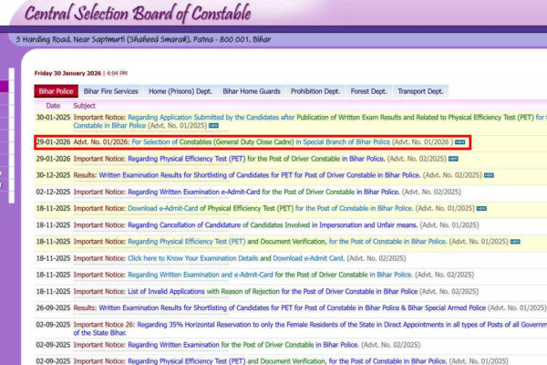 CSBC Bihar Police Special Branch Constable Recruitment 2026: 83 posts notified, no physical test, apply from February 6