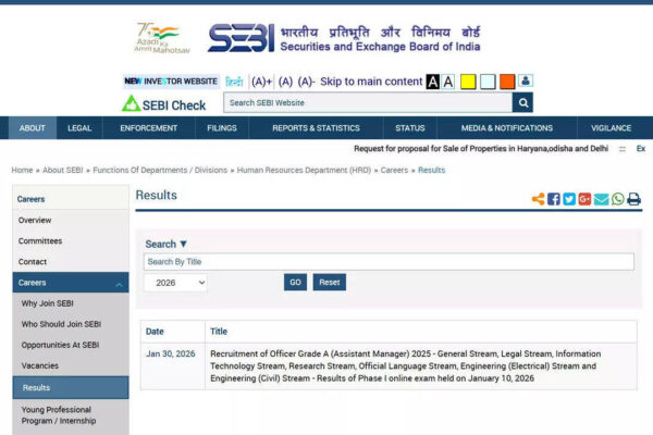 SEBI Grade A Prelims Result 2026 declared; merit list PDF available on sebi.gov.in, download here