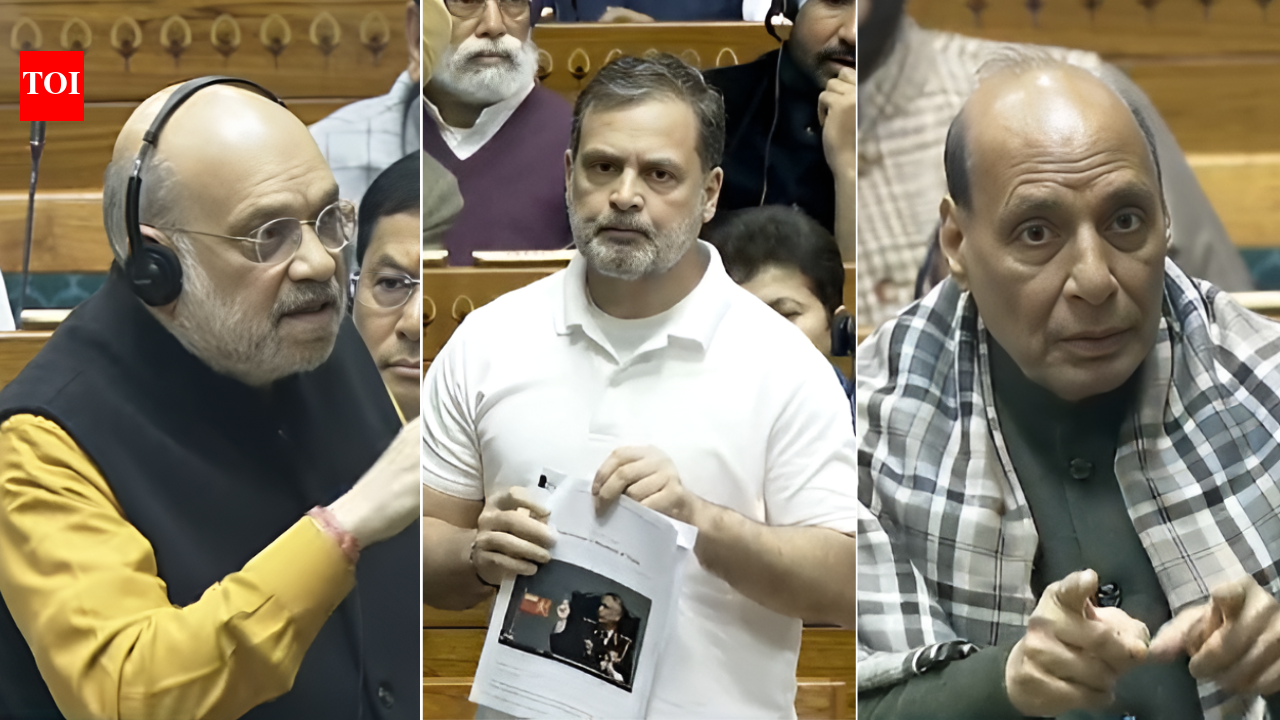 Amit Shah, Rahul Gandhi (C) and Rajnath Singh (R) NEW DELHI: The Lok Sabha witnessed a major showdown on Monday as leader of opposition Rahul Gandhi rose to speak during the debate on the Motion of Thanks to the President’s address.Rahul Gandhi began his speech by quoting excerpts from the memoir of former Army chief General MM Naravane, triggering immediate objections from defence minister Rajnath Singh and home minister Amit Shah. Rahul Gandhi’s ‘Open Challenge’ To Amit Shah In Lok Sabha Over SIR Gets ‘I Will Decide’ ReplyBoth ministers protested on procedural grounds, arguing that the book had not yet been officially published and therefore could not be cited in the House.The Congress leader, however, insisted that the document he was referring to was “authentic” and that he was well within his rights to quote from it. He said he had not originally intended to raise the issue, but decided to do so after BJP MP Tejasvi Surya questioned the patriotism of the Congress party earlier in the debate.“No debate on who is patriotic and who is not. Our patriotism is not buried,” Rahul said.Rajnath Singh countered the reference, maintaining that the memoir had not been published and therefore could not be brought into parliamentary proceedings.Home minister Amit Shah also hit back sharply. “I listened carefully to the speech of the honourable Member of Parliament, Tejasvi Surya. At no point did he question the nationalism or character of the Opposition,” Shah said.“In his speech, referring to the period from 2004 to 2014, he spoke about nationalism, the country’s culture and language, and said that these were not upheld by the government during that time. He did not question the nationalism or character of the Opposition anywhere… Secondly, leaders of the Opposition are saying they are not being allowed to speak, while they themselves are violating Rule 389. How do we want to run the House?” Shah added.Lok Sabha Speaker Om Birla intervened, citing parliamentary rules that prohibit quoting from books or newspaper clippings on matters not directly related to House proceedings.“The defence minister, home minister and the Prime Minister raise questions on our party, party leaders, and our nationalism. This article writes about the PM’s character… This is neither about China, nor the PM,” Rahul said.Opposition members, including Samajwadi Party chief Akhilesh Yadav, accused the government of not allowing the LoP to complete his speech, leading to loud exchanges across the House. As the uproar intensified, Speaker Birla eventually adjourned the Lok Sabha.Earlier in the day, BJP MP Tejasvi Surya, while seconding the Motion of Thanks, had launched a sharp attack on the Congress-led UPA government, describing the period from 2004 to 2014 as a “decade of lost opportunities” and a “narrative of excuses”. He argued that the contrast between “weak leadership” and “great leadership” clearly set apart the Congress and the BJP.About the AuthorTOI News DeskThe TOI News Desk comprises a dedicated and tireless team of journalists who operate around the clock to deliver the most current and comprehensive news and updates to the readers of The Times of India worldwide. With an unwavering commitment to excellence in journalism, our team is at the forefront of gathering, verifying, and presenting breaking news, in-depth analysis, and insightful reports on a wide range of topics. The TOI News Desk is your trusted source for staying informed and connected to the ever-evolving global landscape, ensuring that our readers are equipped with the latest developments that matter most.”Read MoreEnd of ArticleFollow Us On Social MediaVideosBudget 2026: 10 Changes In Income Tax Rules That Will Reshape How Indians Save And File ReturnsFrom Minerals Gift To Diplomatic Snub: Pakistan Misses Out On Key US Meet While India Takes SeatSanjay Raut Raises Doubts Over Ajit Pawar Plane Crash, Seeks Thorough Probe’Cricket Or Cowardice?’ Opposition MPs Lash BCCI After Pakistan Boycott India Clash In T20 World CupPakistan’s Balochistan Operation Under Scrutiny As India Calls Out Deflection Tactics To Shift BlameShashi Tharoor Claims India ‘Surrendered’ To US Pressure By Stopping Chabahar Port Fund in BudgetFM Nirmala Sitharaman Cites Operation Sindoor To Defend A Decade Of Defence Investment And Reforms’India Now Central To Global Growth’, Says FM Nirmala Sitharaman As Elon Musk Flags Power ShiftShots Fired Outside Rohit Shetty’s Bungalow In Mumbai, Cops Detain FivePakistan Boycott Will Hurt Its Own Cricket, Says Former Cricketer Madan Lal123PhotostoriesDalai Lama’s gentle wisdom for kids: “Be kind whenever possible, it is always possible.”How Bengaluru’s Hebbal flyover ramp beat a 10-year standstillWhat is Purple Honey and how does this rare honey get the unique colourTimes when Sabrina Carpenter dazzled the world and made a statement with her fashion senseTop 10 vegetarian Chinese recipes you can easily make at home7 animals that exist only in Antarctica and why they are a traveller’s delight8 unique residential buildings on Earth; where creativity meets lifePune–Mumbai high-speed rail: The mega project that could cut travel time by an hourRohit Shetty in Mumbai firing scare: Gunshots break midnight silence in JuhuHow to make Beetroot, Sweet Potato & Walnut Kebab at home123Hot PicksBudget 2026Gold Silver PricesCigarette Prices HikeFebruary 2026 bank changesIncome Tax CalculatorPublic holidays February 2026Bank Holidays februaryTop TrendingOKC Thunder vs Denver Nuggets InjuryMLB Trade RumorsDrake MayeDeshaun WatsonNHL Trade UpdateSnowboarder RyanMLB TradeRyan ClarkTua TagovailoaJustin Herbert
