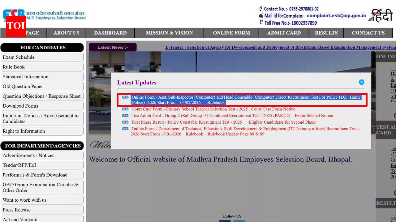 MP Police ASI and Head Constable Computer Recruitment 2026 notification out at esb.mp.gov.in; check eligibility, important dates