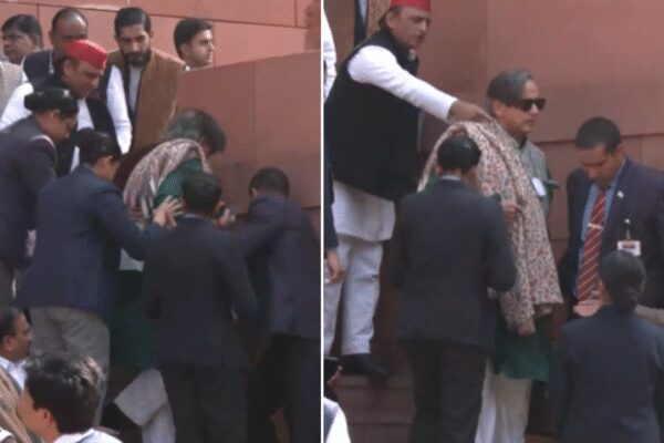 Shashi Tharoor trips and falls at Parliament stairs; Akhilesh Yadav helps – video