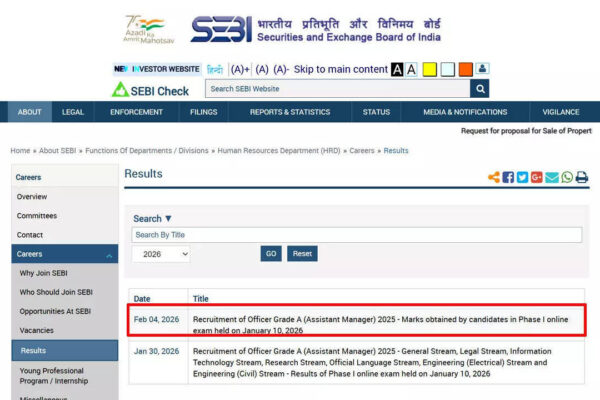 SEBI Grade A Result 2026: Scorecard released for Assistant Manager in General, IT, Legal and other streams; download here