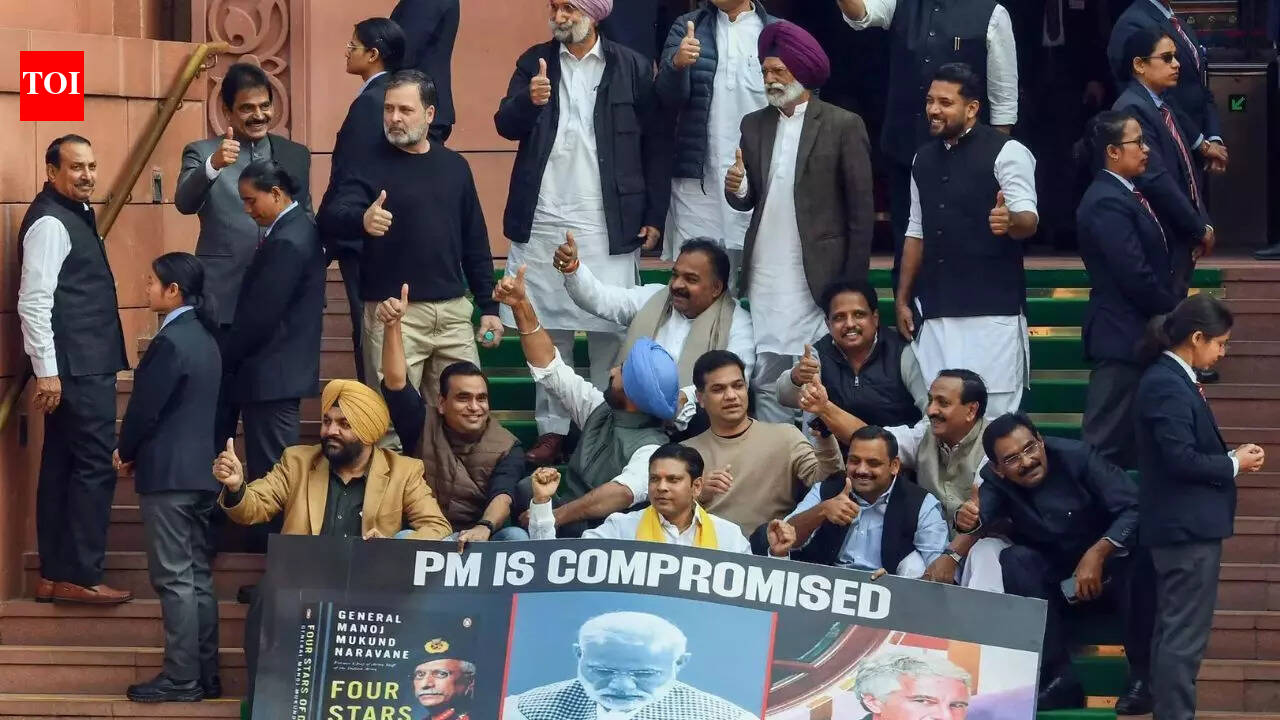 Congress MPs hold protest on Parliament stairs (ANI photo) Both Houses of Parliament witnessed repeated disruptions on Wednesday amid continued opposition protests and clashes with ruling party MPs. The Lok Sabha was adjourned multiple times amid sloganeering, banners and placards displayed by Congress and other opposition members, including allegations against Prime Minister Narendra Modi and criticism over the India–US trade deal.During the day, several incidents drew attention. Rahul Gandhi was seen outside the House holding a memoir of former Army Chief Naravane, and later engaged in a heated exchange with Union minister Ravneet Singh Bittu.  Political Storm Erupts As Rahul Gandhi, Ravneet Bittu Clash, Cong Targets PM Modi On Epstein Files Inside the House, Union minister Piyush Goyal defended the India-US trade deal, saying India had “successfully safeguarded” agriculture and dairy sectors, while Mallikarjun Kharge warned it could harm Indian farmers and benefit American producers.Lok Sabha was adjourned soon after resuming at 5 pm. Prime Minister Narendra Modi’s response to the debate on the Motion of Thanks to the President’s Address was also cancelled.Opposition protests with ‘PM is compromised’ banner The Lok Sabha was adjourned on Wednesday amid heavy sloganeering by Opposition members, who were protesting outside Parliament with posters reading “PM is compromised.” The protests followed the suspension of eight Opposition MPs during the Budget Session a day earlier. The House resumed at 12.00 pm.The suspended MPs include Congress members Hibi Eden, Amarinder Singh Raja Warring, Manickam Tagore, Gurjeet Singh Aujla, Prashant Yadaorao Padole, Chamala Kiran Kumar Reddy, and Dean Kuriakose, as well as CPI(M) MP S Venkatesan. Lok Sabha Leader of Opposition Rahul Gandhi had repeated the allegation while speaking to the media on the India–US trade agreement.‘Safeguarded agriculture, dairy’: Piyush Goyal hails India-US trade deal Union Commerce and Industry Minister Piyush Goyal defended the India–US bilateral trade agreement in the Lok Sabha, saying India had “successfully safeguarded” its sensitive sectors, especially agriculture and dairy, after nearly a year of negotiations.Goyal said it was natural for both countries to protect their critical interests and that negotiations over the past year had led to finalisation of several areas of the agreement. Referring to a recent phone call between PM Modi and US President Donald Trump, Goyal said Trump announced a tariff reduction to 18 per cent, stressing that this was “lower than the US tariff on several competitor nations”.Rahul calls Ravneet Singh Bittu ‘traitor’, Bittu responds with ‘desh ka dushman’Rahul Gandhi, and union minister of state for Railways, Ravneet Singh Bittu, engaged in a heated exchange outside Parliament on Wednesday, with Gandhi calling Bittu a “traitor.”The incident occurred as Bittu passed by protesting Congress MPs at the Makar Dwar. Gandhi’s remark came in the context of Bittu leaving Congress and joining the BJP in 2024. Gandhi said, “Here is a traitor walking right by. Look at the face.” He even offered to shake Bittu’s hand, adding, “Hello, brother, my traitor friend. Don’t worry, you will come back (to Congress).”Bittu refused the handshake and responded by calling Gandhi “Desh ke dushman (enemy of the state).” The exchange reportedly began after Bittu commented on the protesting MPs, saying, “They are sitting as if they won a war.”Shashi Tharoor trips and falls on Parliament stairs; Akhilesh helpsCongress MP Shashi Tharoor slipped and fell while coming down the stairs at the Parliament complex. Samajwadi Party chief Akhilesh Yadav, along with other MPs and staff members, immediately helped him get back on his feet.MPs spar in Speaker’s office as Nishikant Dubey flashes ‘Bofors’ book Opposition and BJP MPs had a heated exchange in Lok Sabha Speaker Om Birla’s office on Wednesday following remarks made by BJP MP Nishikant Dubey targeting the Gandhi family.After the Lok Sabha proceedings were adjourned, Congress MPs met the Speaker to protest the Chair’s decision to allow Dubey to speak on the issue in the House. They objected to his remarks and raised concerns over the manner in which the matter was taken up during the session.Earlier during the proceedings, Dubey had referred to several books and spoke about their contents related to different members of the Gandhi family. He said that while Rahul Gandhi wanted to speak about an unpublished book, he had brought multiple published books to present what he described as material against the Gandhi family.India-US trade deal will hurt farmers, agriculture sector at risk: KhargeLeader of Opposition in the Rajya Sabha, Mallikarjun Kharge alleged that the proposed India–US trade deal would harm Indian farmers and damage the country’s agriculture sector.He said the deal would benefit American farmers at the cost of Indian interests and criticised the government, saying it was an insult to Parliament that lawmakers learnt about the deal during the ongoing session from US President Donald Trump, and not from the Indian government.Kharge quoted US Agriculture Secretary Brooke Rollins, who had said that the new India–US deal would allow American farm products access to India’s large markets, raise prices and bring more income to rural America.Lok Sabha adjourned: PM Modi doesn’t want to face the truth, says Rahul Lok Sabha was adjourned shortly after it reassembled at 5 pm, amid indications that Prime Minister Narendra Modi could respond later to the debate on the Motion of Thanks on the President’s Address.The House went into chaos as soon as the proceedings began at 5pm. Congress MPs entered the well and aisles and raised slogans over the suspension of eight MPs. Several women MPs from the opposition blocked the seats in the treasury bench, including the seat of the Prime Minister. Congress MP Rahul Gandhi shared a video on social media, claiming he had rightly predicted the Prime Minister would not come to Parliament as he was “scared” and unwilling to face the truth.Reacting to the adjournment, BJP MP Manoj Tiwari alleged that opposition members had surrounded the Prime Minister’s chair when the House assembled in the evening, saying they had come with the intention to attack him.About the AuthorTOI News DeskThe TOI News Desk comprises a dedicated and tireless team of journalists who operate around the clock to deliver the most current and comprehensive news and updates to the readers of The Times of India worldwide. With an unwavering commitment to excellence in journalism, our team is at the forefront of gathering, verifying, and presenting breaking news, in-depth analysis, and insightful reports on a wide range of topics. The TOI News Desk is your trusted source for staying informed and connected to the ever-evolving global landscape, ensuring that our readers are equipped with the latest developments that matter most.”Read MoreEnd of ArticleFollow Us On Social MediaVideos’Insulted Sikh Community’: Hardeep Puri Slams Rahul Gandhi Over ‘Traitor’ Remark At Ravneet BittuRahul Gandhi Defends Naravane Memoir Quotes, Priyanka Questions Nishikant Dubey Quotes On Nehru’Justice Is Crying…’: Mamata Banerjee Takes EC Head On In Supreme Court Over SIR Row In Bengal‘Combatise Space Command…L1 Needs To Go.’: Expert Stresses Defence Reforms After Budget 2026India-US Trade Deal Vs India-EU FTA: Which Agreement Delivers Bigger Exports Jobs And GrowthKorean ‘Love Game’ Under Lens After Ghaziabad Sisters Suicide Raises Alarm On Digital AddictionPolitical Storm Erupts As Rahul Gandhi, Ravneet Bittu Clash, Cong Targets PM Modi On Epstein FilesPiyush Goyal Defends India-US Trade Deal in Lok Sabha, Says Farmers And Dairy Interests Fully Safe’Sorry Papa’: Suicide Note From Three Sisters In Ghaziabad Triggers Debate On Gaming AddictionMamata Banerjee Takes SIR Battle Against Election Commission To Supreme Court, Openly Challenges BJP123Photostories5 most expensive buildings from across the world and why they cost so muchMumbai–Pune Expressway turns parking lot as vehicles remain stuck for 12 hoursThis Royal in Asia owns 7000 luxury vehicles including 500 Rolls-Royce, 450 Ferraris and 380 BentleysRosa Parks once said, “I have learned over the years that when one’s mind is made up…”: 5 lessons it teaches students10 regional potato dishes that are a must-try once in a lifetime5 OTT hits of 2026 that created a massive buzz and had everyone talkingNot just potato: 9 types of popular fillings that make samosa a true food lover’s delightGaming addiction, school dropout, isolation: Key details in Ghaziabad-Loni sisters’ death caseBengaluru plans 800-metre flyover to decongest Iblur Junction; ORR travel time to dropIs your rice real? Simple home checks for “plastic rice” and 5 recipes to try123Hot PicksBudget 2026Gold Silver PricesParliament Budget SessionRelationship consentIncome Tax CalculatorPublic holidays February 2026Bank Holidays februaryTop TrendingArtemi PanarinMLB Trade RumorsAyesha CurryKayla NicoleNHL Injury UpdatePuka NacuaRussell WilsonDenver Nuggets vs Detroit PistonsNikola JokicGold Riyadh Players Ranking
