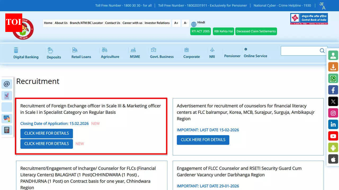 Central Bank of India Recruitment 2026 deadline extended to February 15 for CBI Officer posts; apply here