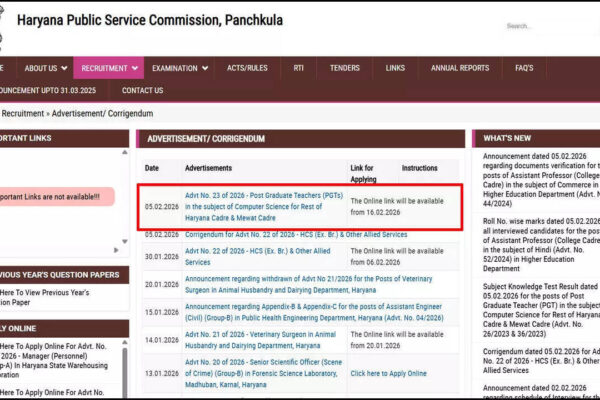 HPSC PGT Computer Science recruitment 2026 notification released for 1672 posts; check eligibility, fees, exam pattern and more here