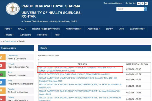 UHSR result declared for B.Sc Nursing third semester examination 2025 at uhsr.ac.in; download here