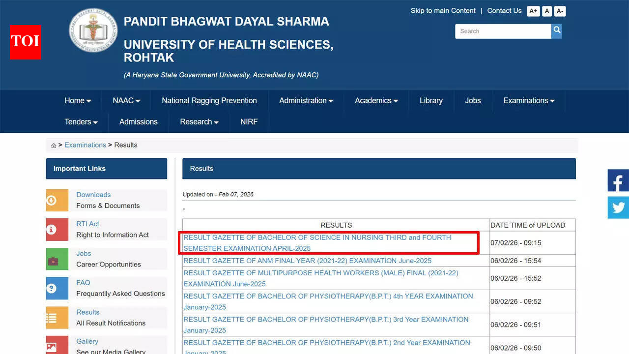 UHSR result declared for B.Sc Nursing third semester examination 2025 at uhsr.ac.in; download here