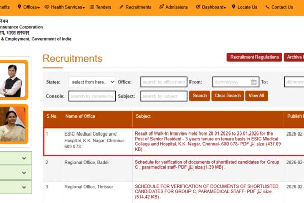 ESIC recruitment 2026 result out for Senior Resident posts: Direct link to check merit list here