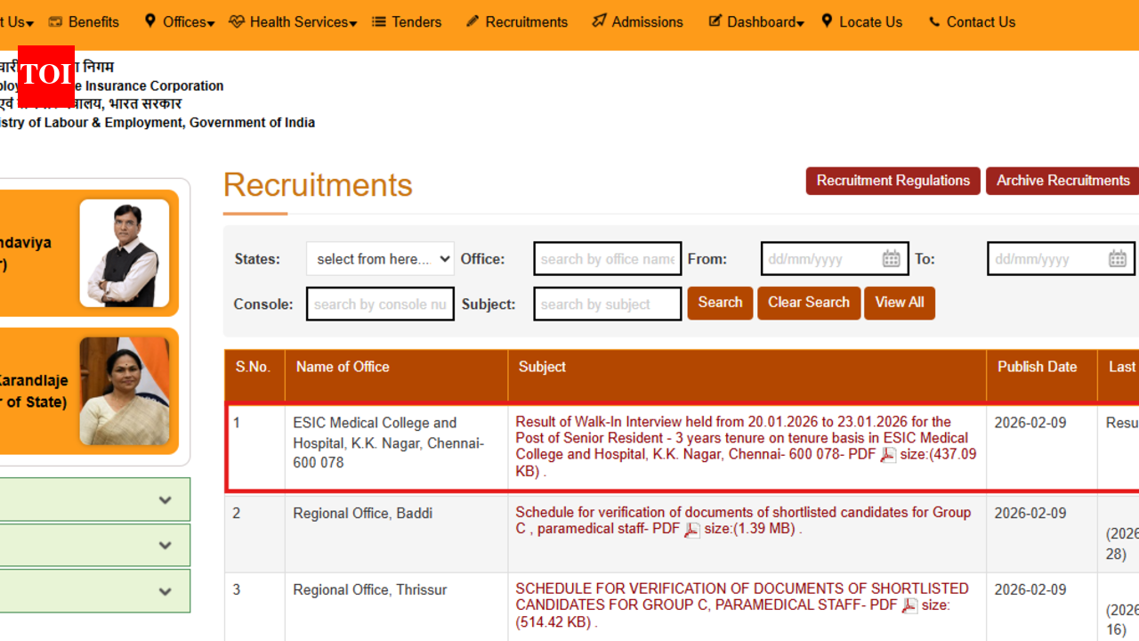 ESIC recruitment 2026 result out for Senior Resident posts: Direct link to check merit list here
