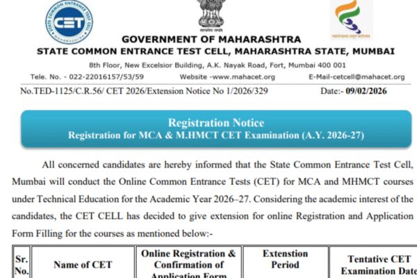 MAH CET 2026 registration deadline extended for MHMCT, MCA till this date: Check official notice here