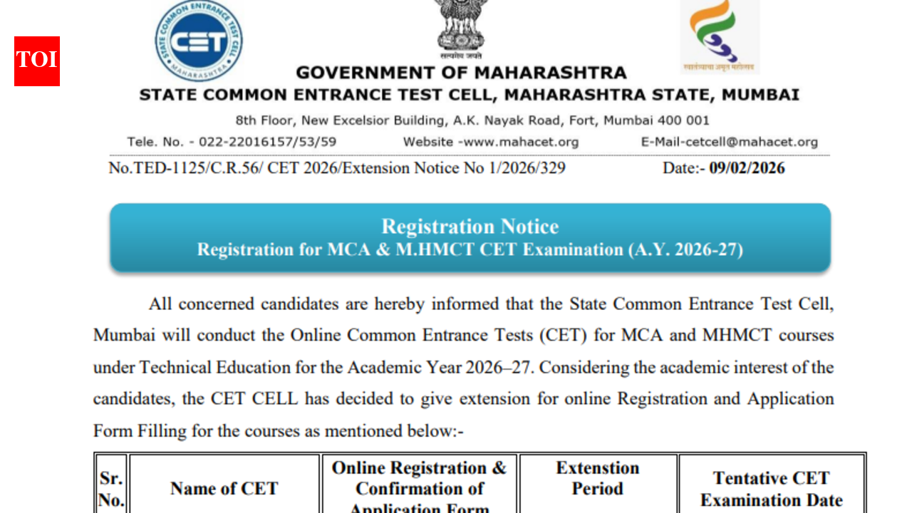 MAH CET 2026 registration deadline extended for MHMCT, MCA till this date: Check official notice here