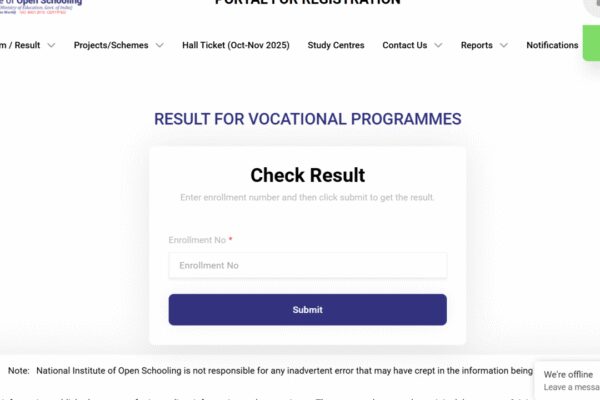 NIOS vocational exam result 2026 released at nios.ac.in: Direct link to download here