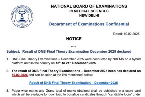 NBEMS DNB Final Theory exam result 2026 released at natboard.edu.in: Direct link to download here