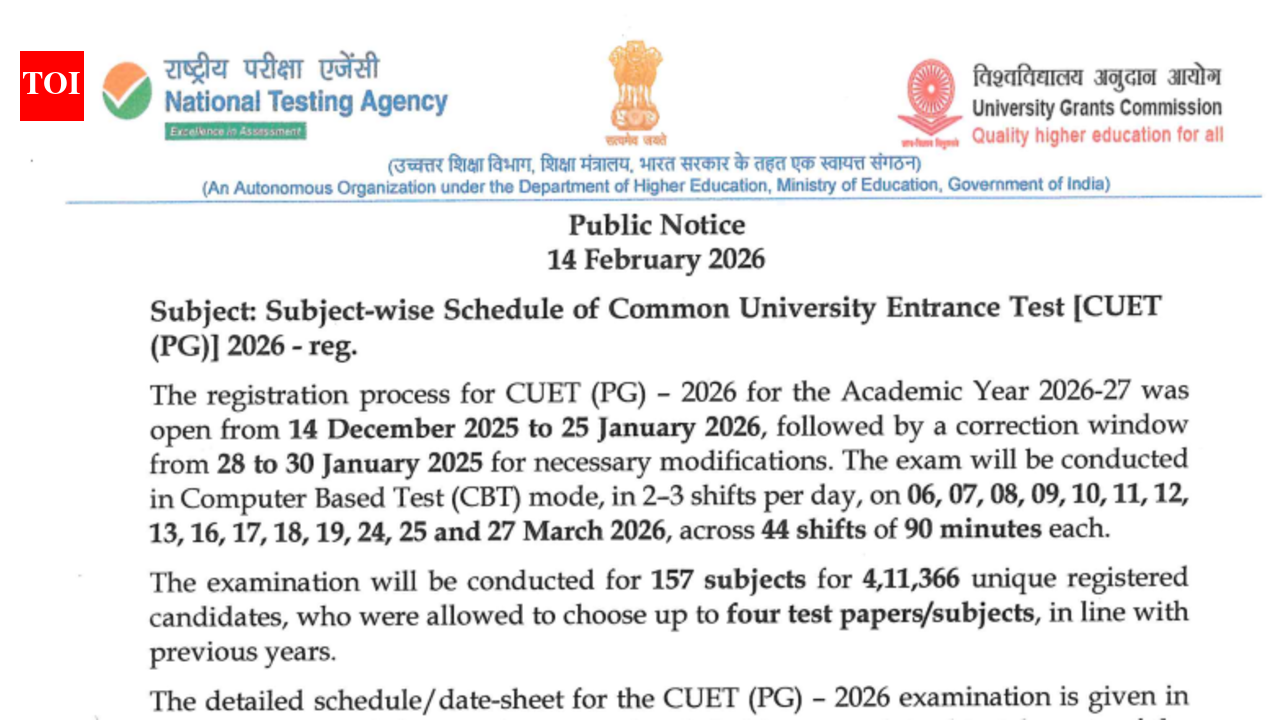 CUET PG 2026: NTA releases subject-wise schedule at exams.nta.nic.in; check details here